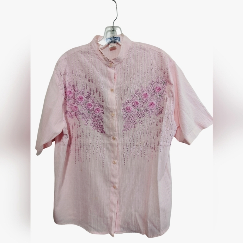 2936)Vtg Kokomo Pink Embroidery Mandarin Collar Short Sleeve Button down Top L